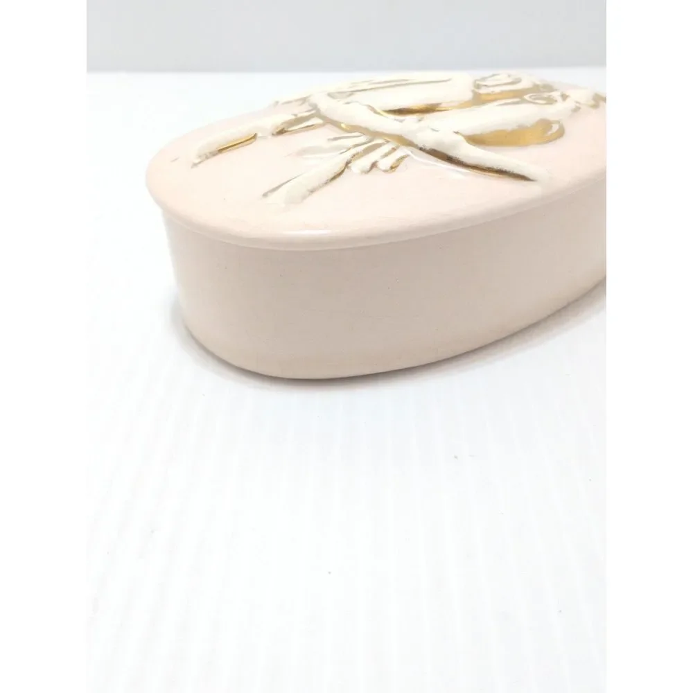 Vintage MCM Ceramic‎ Pink Trinket Box With Lid White Birds On Branch Gold Accent